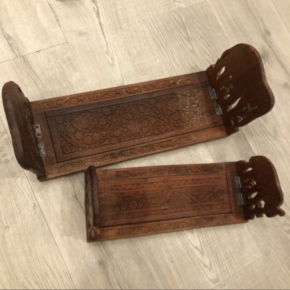 2 Vintage Boho Hand Carved Wood Elephant Book Holders Extendable Intricate PAIR